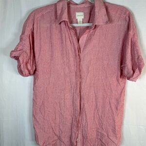 Chico's Button-Up Shirt Womens Size 1 Pink Red Pinstripe Roll-Tab Sleeves